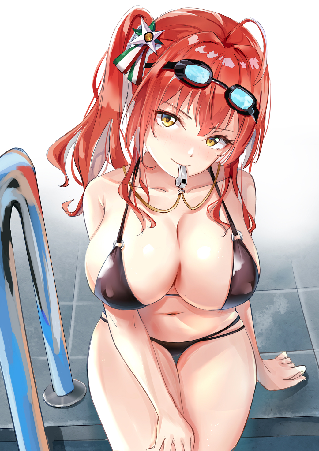 1girl azur_lane bangs bikini black_bikini blush breasts closed_mouth eric_(pixiv9123557) goggles goggles_on_head hair_between_eyes highres large_breasts long_hair looking_at_viewer mouth_hold multi-strapped_bikini navel o-ring o-ring_bikini redhead side_ponytail sidelocks simple_background smile solo swimsuit thighs whistle whistle_around_neck white_background yellow_eyes zara_(azur_lane) zara_(poolside_coincidence)_(azur_lane)