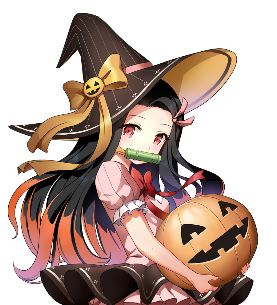 1girl bamboo bangs bit_gag black_hair black_headwear bow brown_bow brown_hair commentary commission dress english_commentary forehead gag hair_ribbon halloween hat hat_bow holding jack-o'-lantern kamado_nezuko kimetsu_no_yaiba long_hair mouth_hold multicolored_hair parted_bangs pink_dress pink_ribbon puffy_short_sleeves puffy_sleeves red_bow red_eyes ribbon short_sleeves simple_background solo sony_kisaragi striped two-tone_hair upper_body vertical-striped_hat vertical_stripes very_long_hair white_background witch_hat