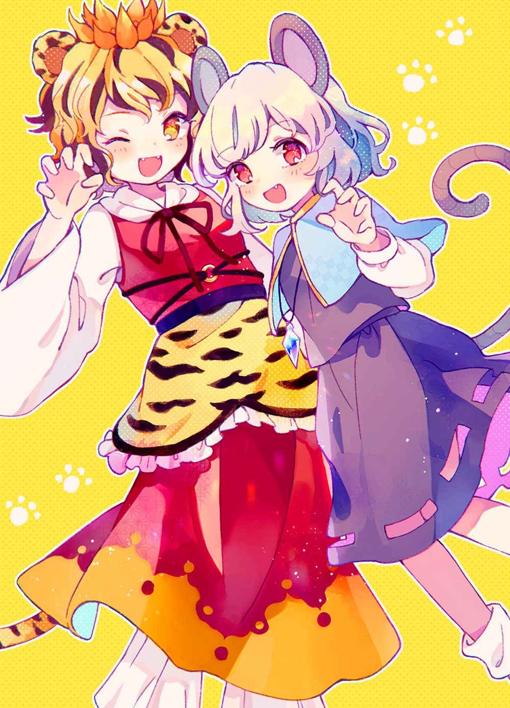 2girls :d ;d animal_ears animal_print apron black_hair black_ribbon black_skirt black_vest blonde_hair blue_capelet blush capelet claw_pose commentary_request eyebrows_visible_through_hair facing_viewer fang fangs flower frilled_apron frills grey_hair hair_flower hair_ornament hand_up highres jewelry long_sleeves lotus mouse_ears mouse_tail multicolored_hair multiple_girls nazrin nig_18 one_eye_closed open_mouth orange_eyes pants paw_print pendant red_eyes red_skirt red_vest ribbon shirt short_hair skirt smile socks star star-shaped_pupils symbol-shaped_pupils tail tiger_ears tiger_print tiger_tail toramaru_shou touhou vest waist_apron white_legwear white_pants white_shirt yellow_background