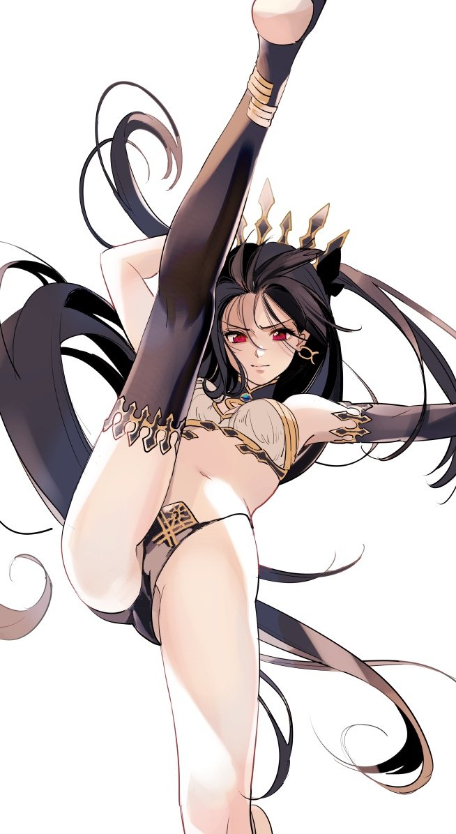 1girl akao_ppai ass bare_shoulders black_gloves black_hair breasts crown earrings elbow_gloves fate/grand_order fate_(series) gloves ishtar_(fate/grand_order) jewelry leg_up long_hair looking_at_viewer midriff navel red_eyes simple_background single_glove single_thighhigh soles solo thigh-highs two_side_up very_long_hair white_background