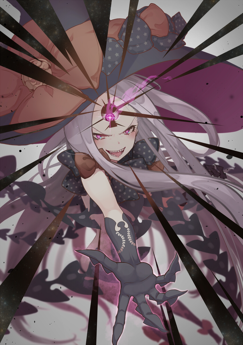 1girl abigail_williams_(fate/grand_order) bangs black_bow black_headwear black_panties blush bow breasts claws fate/grand_order fate_(series) forehead gajumaru09 glowing glowing_eye hat highres keyhole long_hair looking_at_viewer multiple_bows open_mouth orange_bow panties parted_bangs pink_eyes sharp_teeth smile solo teeth third_eye underwear white_hair white_skin witch_hat