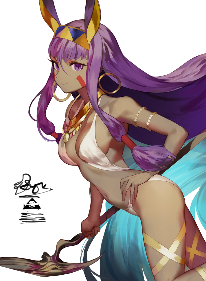 1girl animal_ears armlet bangs bare_shoulders blunt_bangs breasts closed_mouth dark_skin earrings egyptian_clothes facepaint facial_mark fate/grand_order fate_(series) hair_between_eyes hairband hoop_earrings jackal_ears jewelry long_hair looking_at_viewer low-tied_long_hair medium_breasts nitocris_(fate/grand_order) purple_hair salmon88 simple_background smile solo staff thighs usekh_collar violet_eyes white_background