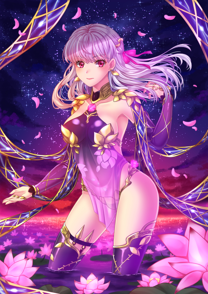 1girl bangs breasts closed_mouth clouds collarbone commentary_request dress earrings eyebrows_visible_through_hair fate/grand_order fate_(series) floating_hair flower hand_up horizon jewelry kama_(fate/grand_order) long_hair looking_at_viewer medium_breasts night night_sky outdoors petals pink_flower purple_dress purple_hair purple_legwear see-through sky solo standing star_(sky) starry_sky thigh-highs villyane violet_eyes wading water