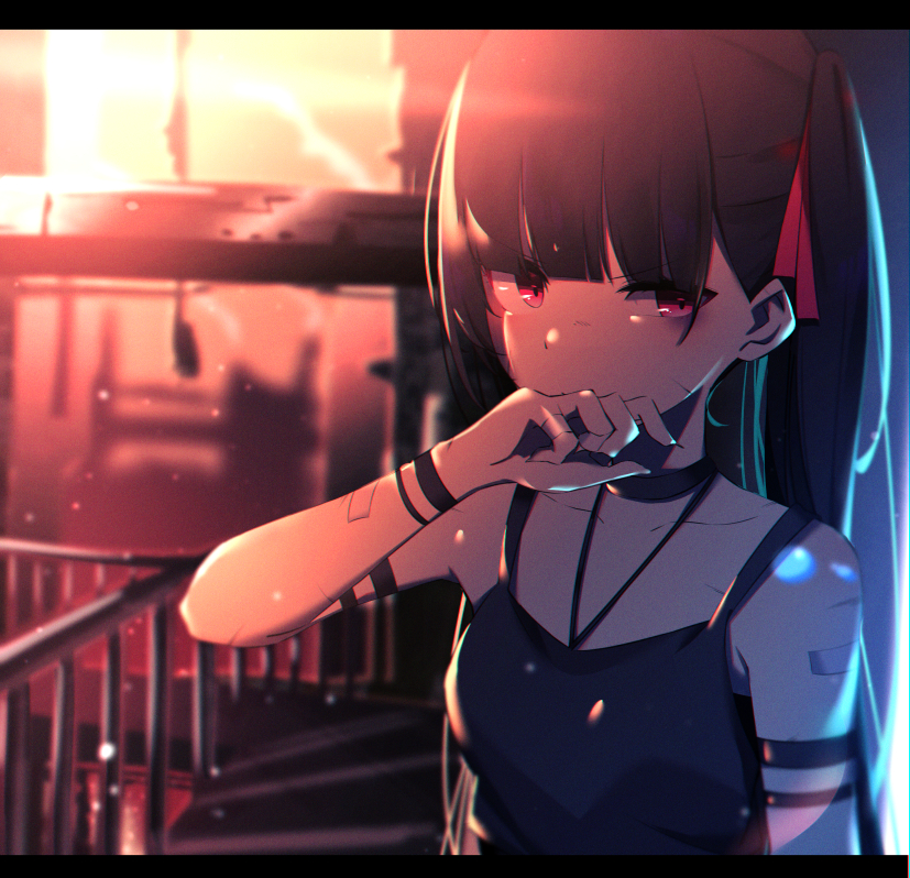 1girl arm_strap backlighting bangs bare_shoulders black_hair black_shirt blurry blurry_background bruise bruised_eye choker commentary_request covering_mouth depth_of_field hair_ribbon hand_up ichiki_1 injury letterboxed long_hair looking_at_viewer original railing red_eyes red_ribbon ribbon shade shirt sleeveless sleeveless_shirt solo sunlight twintails upper_body v-shaped_eyebrows wristband