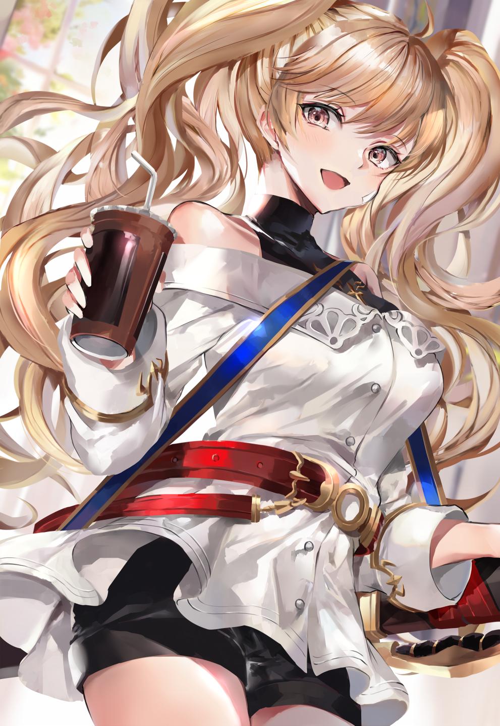 alternate_costume bandaid bandaid_on_face belt bendy_straw blonde_hair brown_eyes bubble_tea cup disposable_cup drink drinking_straw eyebrows_visible_through_hair highres hinahino long_hair looking_at_viewer monica_weisswind open_mouth princess_connect! scabbard sheath shorts smile sword twintails weapon