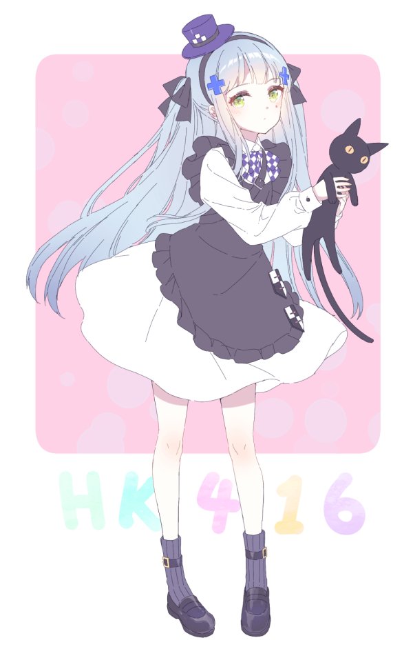 1girl animal apron bangs black_apron black_footwear blunt_bangs blush bow bowtie cat character_name checkered checkered_neckwear dress facial_mark frills full_body girls_frontline green_eyes hair_ornament hair_ribbon hairband hat hk416_(girls_frontline) holding holding_animal holding_cat long_hair long_sleeves mini_hat purple_headwear ribbon shiosoda sidelocks silver_hair socks solo standing teardrop white_dress younger