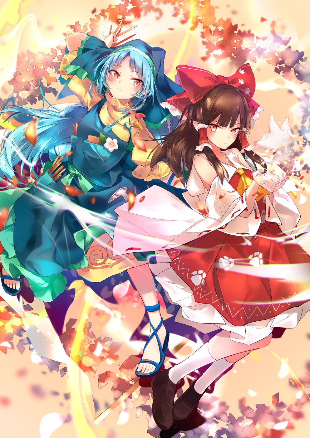 &gt;:( 2girls apron arm_up ascot bangs bare_shoulders beige_background black_footwear blue_apron blue_hair blush bow brown_hair commentary_request detached_sleeves dress eyebrows_visible_through_hair flower hair_bow hair_tubes hakurei_reimu hands_up haniyasushin_keiki head_scarf highres jewelry kneehighs long_hair long_sleeves looking_at_viewer magatama magatama_necklace multiple_girls necklace paw_print petals petticoat pocket puffy_short_sleeves puffy_sleeves red_bow red_eyes red_skirt ribbon-trimmed_sleeves ribbon_trim sakusyo sandals shoes short_sleeves sidelocks skirt skirt_set smile touhou v-shaped_eyebrows white_flower white_legwear wide_sleeves wily_beast_and_weakest_creature yellow_dress yellow_neckwear