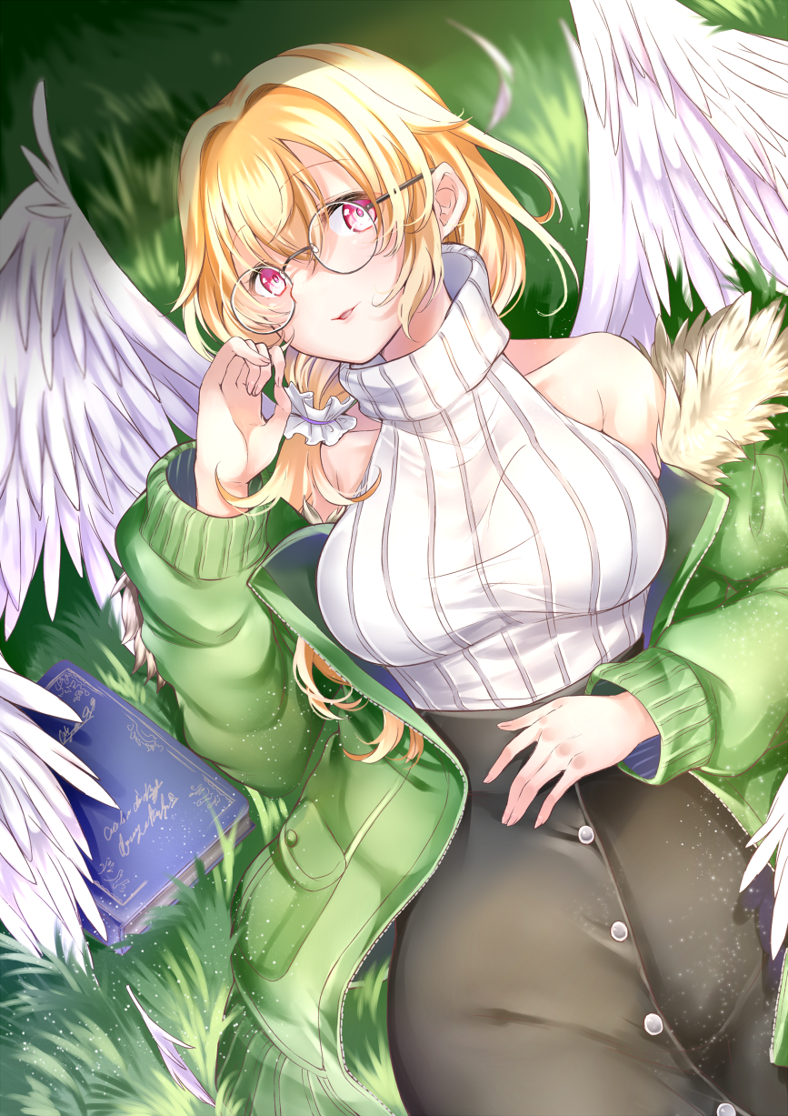 1girl angel_wings bangs bare_shoulders black_skirt blonde_hair blush book breasts collarbone commentary_request eyebrows_visible_through_hair glasses grass green_jacket hair_between_eyes hair_ornament hair_scrunchie hand_up highres jacket large_breasts long_hair lying mashiro_aa off_shoulder on_back on_grass open_clothes open_jacket original parted_lips red_eyes ribbed_sweater round_eyewear scrunchie skirt sleeveless sleeveless_sweater sleeveless_turtleneck solo sweater turtleneck white_scrunchie white_sweater white_wings wings