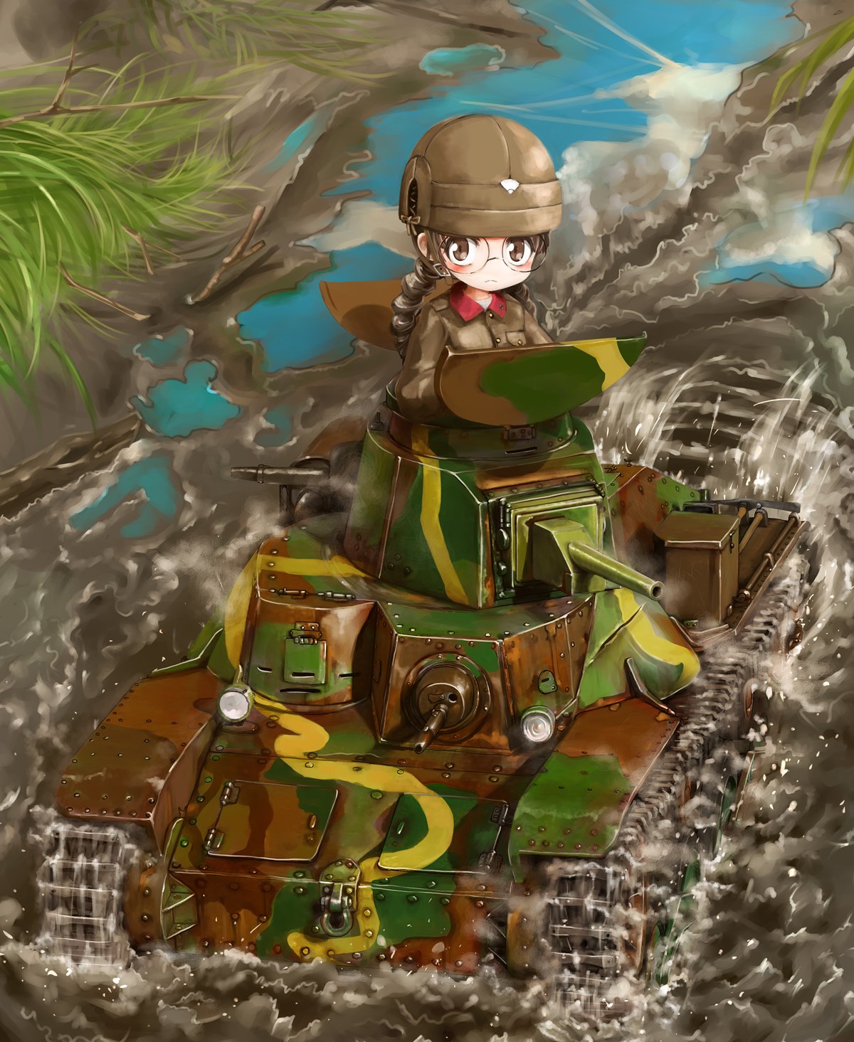 1girl bangs black_hair blush braid brown_eyes brown_headwear brown_jacket chi-hatan_military_uniform closed_mouth commentary frown fukuda_(girls_und_panzer) girls_und_panzer glasses ground_vehicle helmet highres insignia jacket long_hair long_sleeves looking_at_viewer military military_uniform military_vehicle motion_blur motor_vehicle round_eyewear shasu_(lastochka) solo tank twin_braids twintails type_95_ha-gou uniform