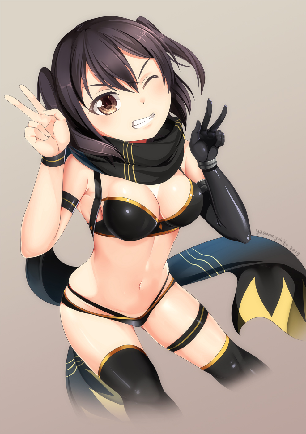 1girl alternate_costume ass_visible_through_thighs bikini black_bikini black_scarf blush breasts brown_eyes brown_hair commentary_request cropped_legs double_v elbow_gloves eyebrows_visible_through_hair gloves grin groin highleg highleg_bikini highres kantai_collection layered_bikini looking_at_viewer multi-strapped_bikini navel okita_souji_(fate)_(all) okita_souji_(swimsuit_assassin)_(fate) scarf sendai_(kantai_collection) short_hair simple_background single_glove skindentation smile solo swimsuit thigh-highs two_side_up v yasume_yukito