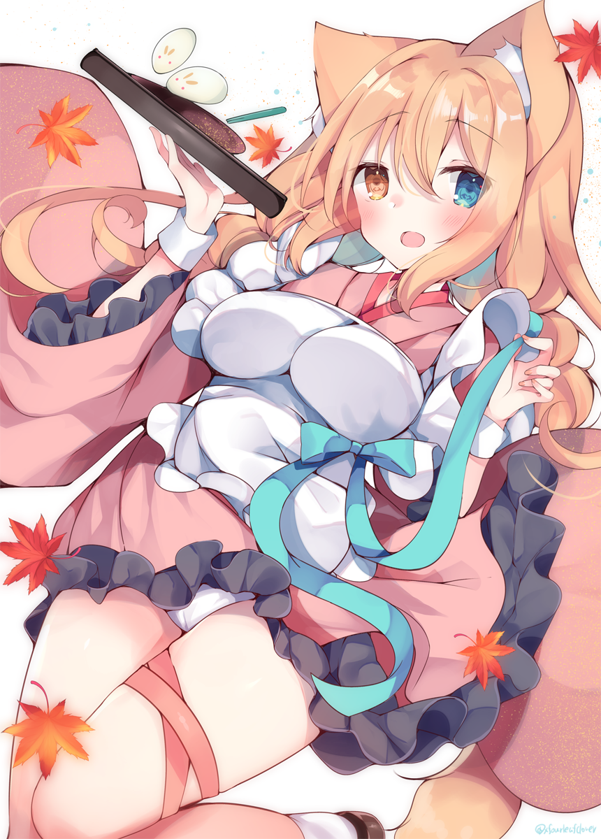 animal_ears apron autumn_leaves bangs blue_bow blush bow breasts cat_ears dutch_angle frilled_kimono frills hair_between_eyes heterochromia highres japanese_clothes kimono long_hair looking_at_viewer medium_breasts orange_hair original panties satsuki_mayuri tray underwear white_panties wrist_cuffs