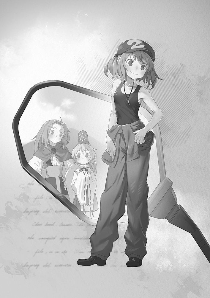 3girls baggy_pants bare_shoulders hand_on_hip hat jewelry kawashiro_nitori key kumoi_ichirin mirror monochrome mononobe_no_futo multiple_girls necklace no_hood pants tank_top tate_eboshi touhou yamamomo_(plank)