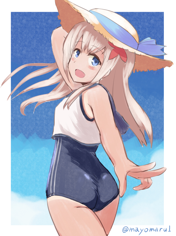 1girl ass bangs blue_eyes blue_ribbon blue_sky brown_headwear commentary competition_swimsuit cowboy_shot crop_top eyebrows_visible_through_hair flower from_behind hair_flower hair_ornament hand_on_headwear hat hat_ribbon kantai_collection long_hair looking_at_viewer looking_back mayomaru1 one-piece_swimsuit one-piece_tan open_mouth outdoors outside_border ribbon ro-500_(kantai_collection) sailor_collar school_swimsuit school_uniform serafuku sky smile solo standing straw_hat sun_hat swimsuit swimsuit_under_clothes tan tanline twitter_username v