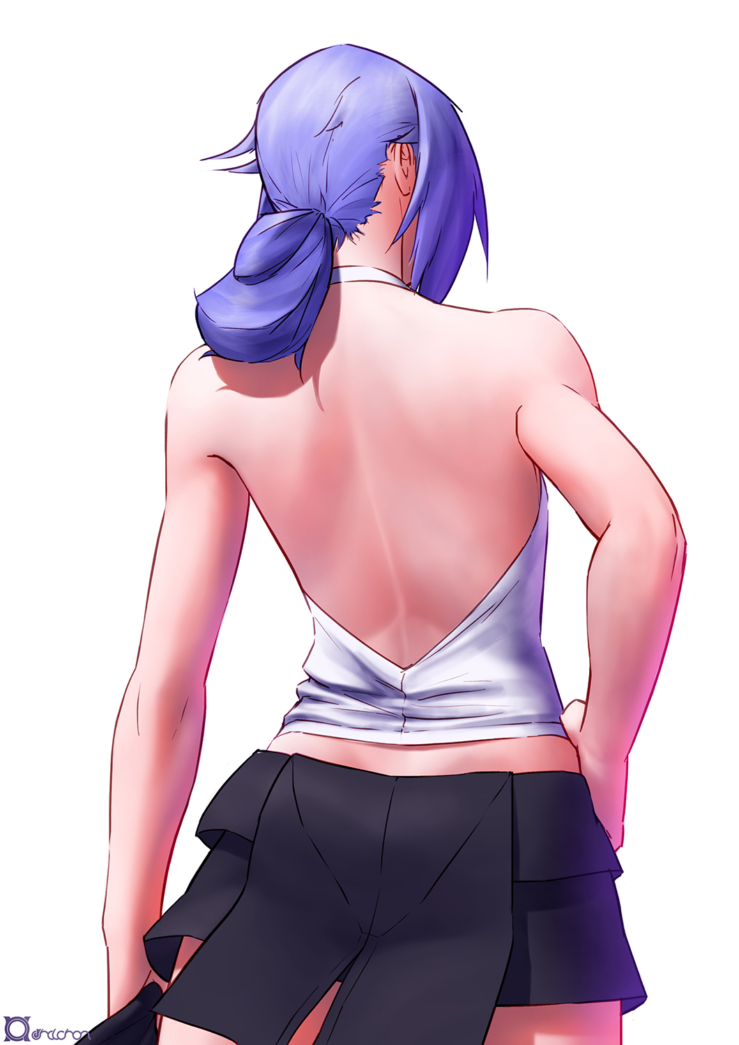 1girl artist_name back criss-cross_halter eyes_visible_through_hair from_behind hair_between_eyes halter_top halterneck highres long_hair midriff original orihalchon ponytail purple_hair skirt white_background