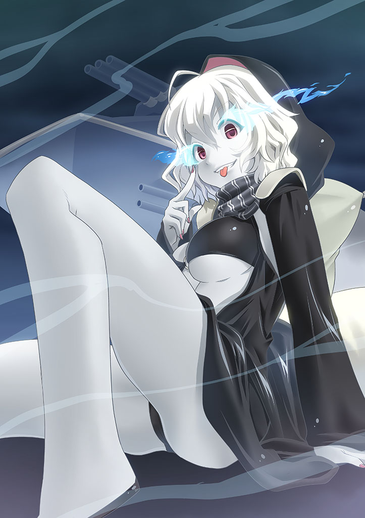 1girl bikini_top breasts cannon commentary_request glowing glowing_eyes hood hoodie kantai_collection long_sleeves looking_at_viewer mizuki_hitoshi open_clothes open_hoodie pale_skin re-class_battleship red_eyes rigging short_hair sitting smile solo tongue tongue_out under_boob white_hair