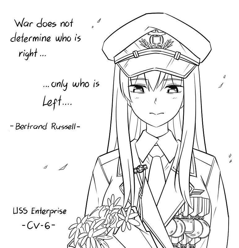 1girl azur_lane bangs blush bouquet character_name closed_mouth collared_shirt commentary english_commentary english_text enterprise_(azur_lane) eyebrows_visible_through_hair flower greyscale guin_guin hair_between_eyes hat jacket long_hair medal military military_hat military_jacket military_uniform monochrome necktie peaked_cap shirt simple_background solo star uniform upper_body white_background