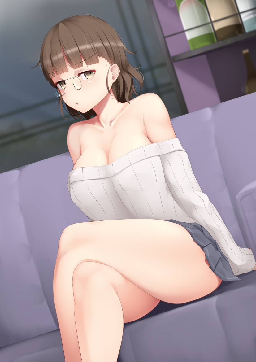 1girl alternate_costume blue_skirt blush breasts brown_eyes brown_hair couch eyebrows_visible_through_hair glasses kantai_collection large_breasts long_sleeves ne_an_ito off_shoulder on_couch open_mouth pince-nez pleated_skirt roma_(kantai_collection) sitting skirt solo sweater wavy_hair white_sweater