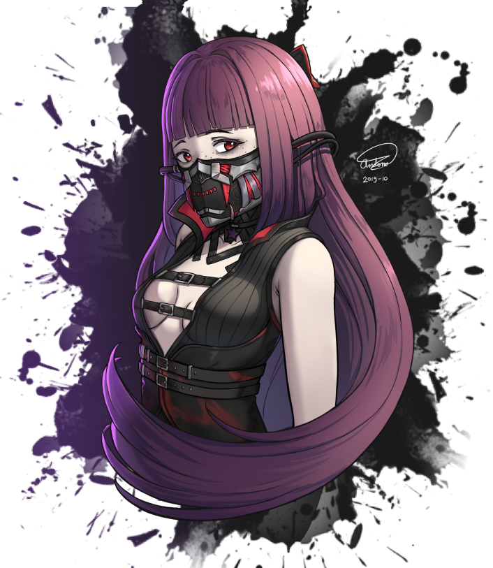 1girl andonoz bangs blunt_bangs breasts breasts_apart buckle code_vein commission corset dated freckles half_mask high_collar long_hair looking_at_viewer no_bra pale_skin red_eyes sideboob signature sleeveless small_breasts solo upper_body violet_eyes