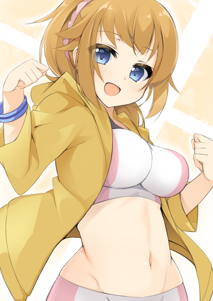 1girl :d blue_eyes breasts brown_hair brown_jacket character_request crop_top groin gundam gundam_build_fighters hair_ornament hair_scrunchie hands_up hood hood_down hooded_jacket hoshino_fumina jacket large_breasts long_hair long_sleeves looking_at_viewer navel open_clothes open_jacket open_mouth pink_scrunchie princess_connect! princess_connect!_re:dive sasakura scrunchie shorts sidelocks smile solo white_shorts