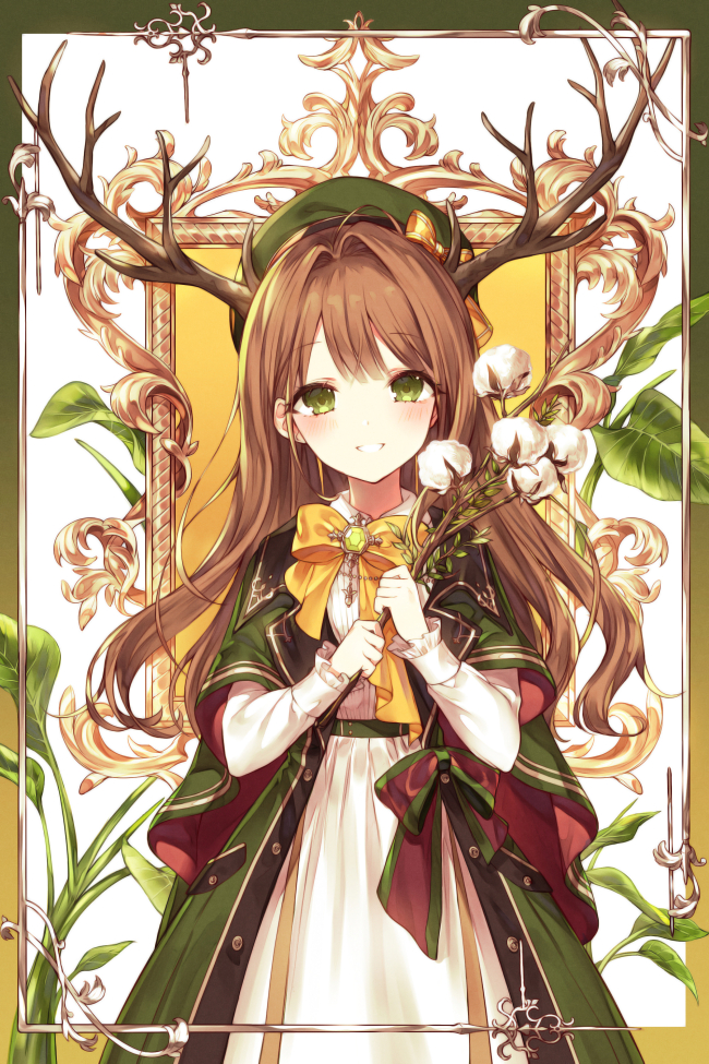 1girl antlers beret bow bowtie brown_hair coat dress flower frame green_coat green_eyes green_headwear hat holding kh_(kh_1128) leaf long_hair long_sleeves looking_at_viewer open_clothes open_coat open_mouth original outside_border smile solo standing white_dress white_flower wing_collar