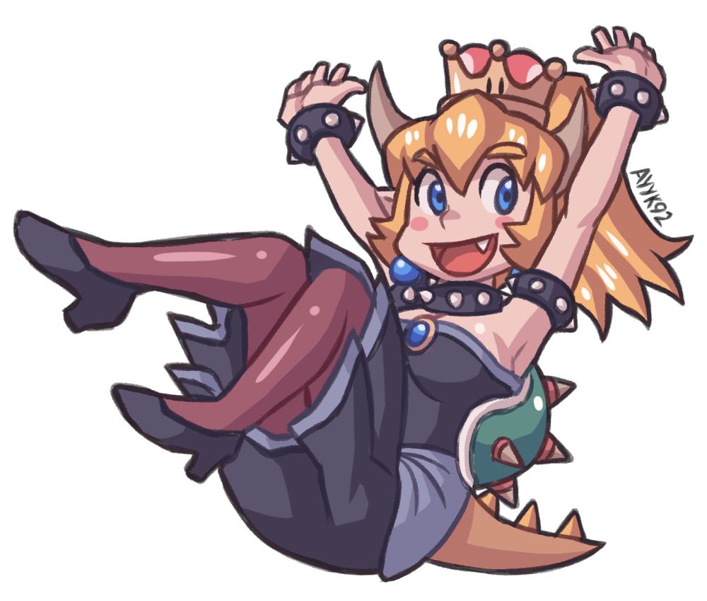 1girl ayyk92 blonde_hair bowsette crown dress earrings fangs floating horns jewelry super_mario_bros. monster_girl new_super_mario_bros._u_deluxe smile solo super_crown tagme tail thigh-highs