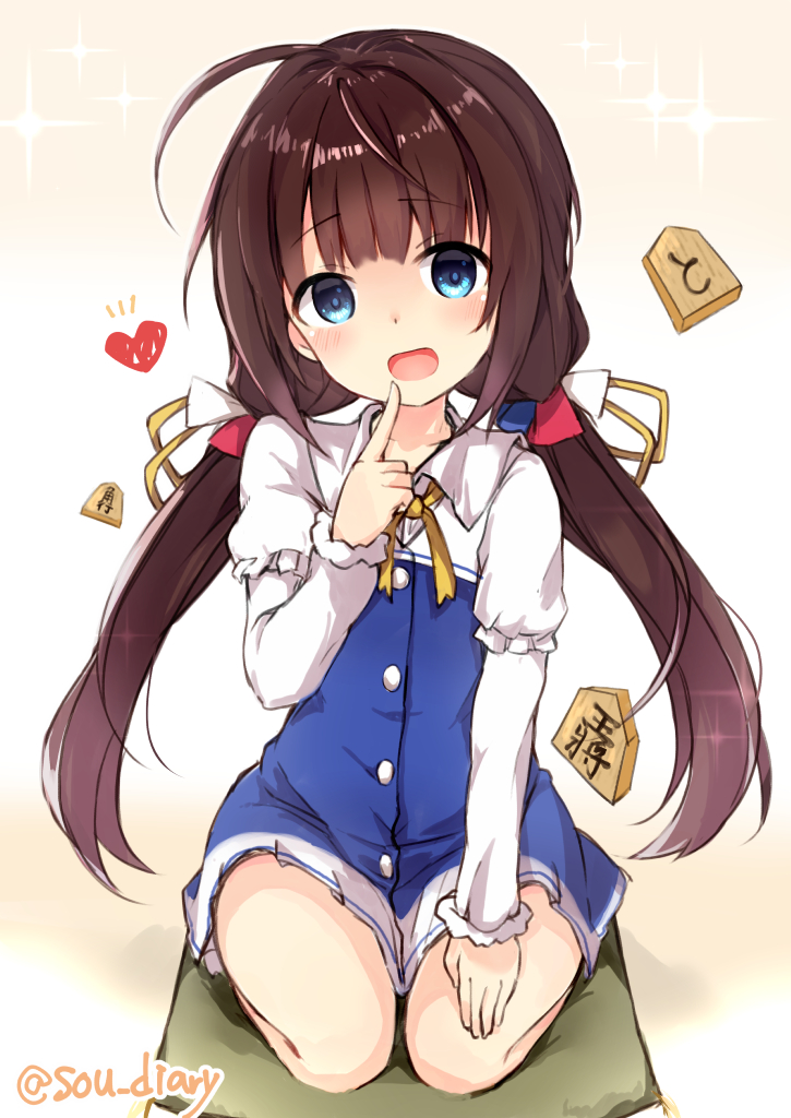 1girl :d ahoge bangs blue_dress blue_eyes blush brown_hair collarbone collared_dress cushion dress eyebrows_visible_through_hair hand_up head_tilt heart hinatsuru_ai index_finger_raised long_hair long_sleeves looking_at_viewer low_twintails open_mouth puffy_short_sleeves puffy_sleeves ryuuou_no_oshigoto! school_uniform seiza short_over_long_sleeves short_sleeves shougi_piece sitting smile solo sou_(soutennkouchi) sparkle_background twintails twitter_username very_long_hair zabuton