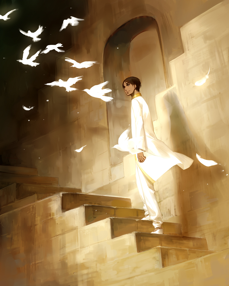 1boy arch arm_at_side axis_powers_hetalia bindi bird brown_hair dark_skin dark_skinned_male from_below from_side india_(hetalia) kanmuri_(hanyifan30338) long_sleeves looking_away looking_to_the_side pants shirt shoes smile solo stairs walking white_footwear white_pants white_shirt