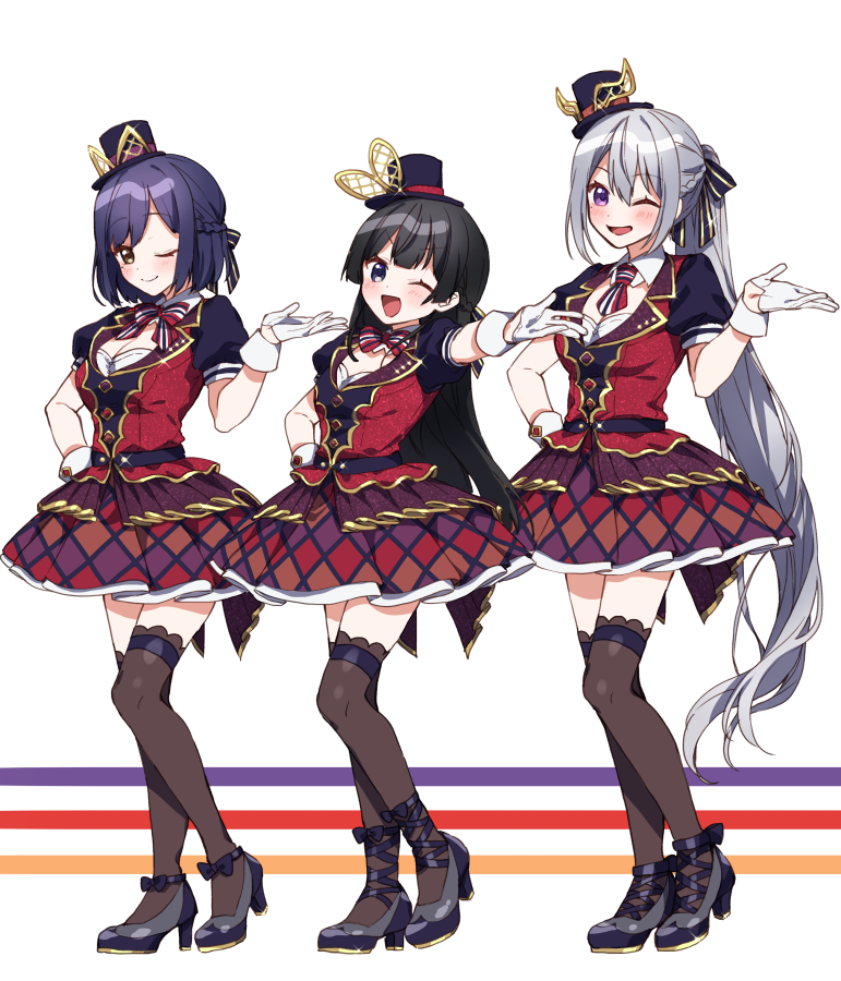 3girls argyle_skirt black_hair black_legwear blue_eyes blue_hair blush braid commentary full_body gloves hat high_heels higuchi_kaede idol_clothes long_hair long_ponytail looking_at_viewer mini_hat miniskirt mole mole_under_eye multiple_girls nijisanji one_eye_closed open_mouth ponytail puffy_short_sleeves puffy_sleeves red_vest shizuka_rin short_hair short_sleeves silver_hair simple_background skirt striped striped_background thigh-highs tsukino_mito very_long_hair vest violet_eyes virtual_youtuber white_gloves yamabukiiro yellow_eyes zettai_ryouiki