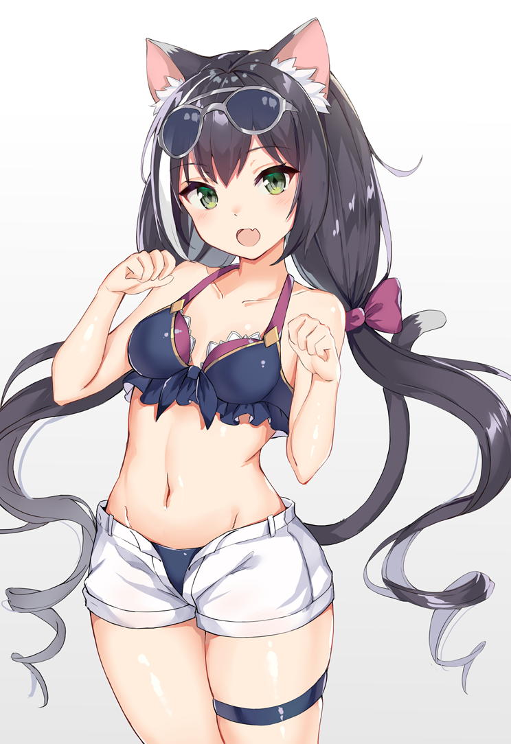 1girl :d animal_ear_fluff animal_ears bare_arms bare_shoulders bikini black_bikini black_hair bow breasts cat_ears cat_girl cat_tail collarbone cowboy_shot drill_hair eyewear_on_head fang gradient gradient_background gradient_hair green_eyes groin hair_bow halter_top halterneck kyaru_(princess_connect) long_hair looking_at_viewer low_twintails medium_breasts multicolored_hair navel noboru_(kamine204136) open_fly open_mouth paw_pose princess_connect! princess_connect!_re:dive short_shorts shorts skindentation smile solo stomach sunglasses swimsuit tail tail_raised thigh_strap twin_drills twintails two-tone_hair very_long_hair white_hair white_shorts