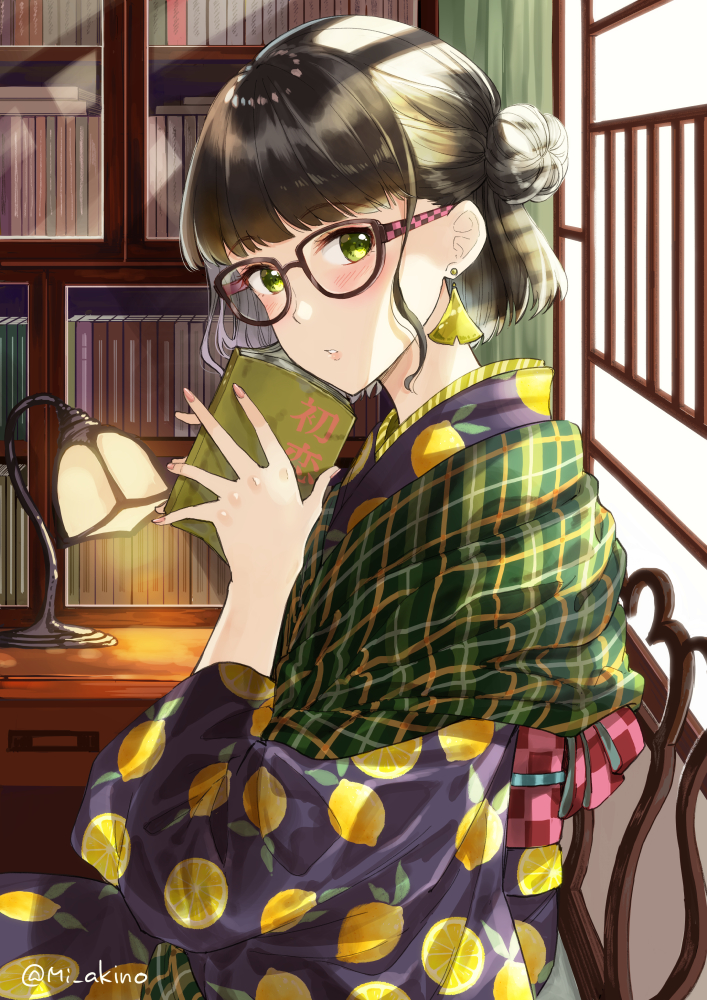 1girl bangs black-framed_eyewear black_hair black_kimono blush book chair checkered commentary_request desk desk_lamp earrings eyebrows_visible_through_hair fingernails glasses green_eyes hair_bun hands_up holding holding_book indoors japanese_clothes jewelry kimono lamp lemon_print long_sleeves looking_at_viewer looking_to_the_side miyabi_akino nail_polish obi on_chair open_book original parted_lips pink_nails plaid print_kimono sash sitting solo sunlight twitter_username wide_sleeves window
