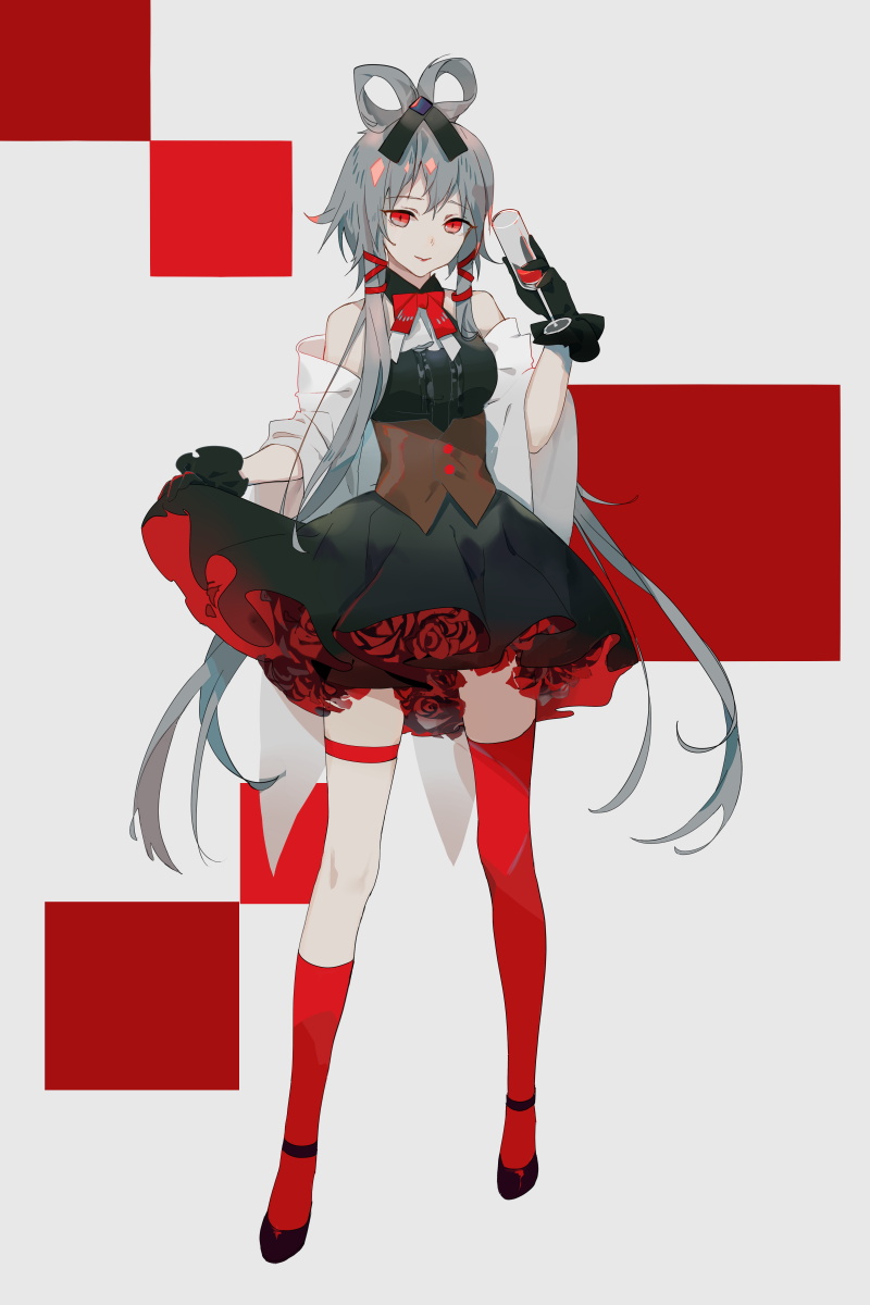 1girl asymmetrical_legwear bangs bare_shoulders black_footwear black_gloves black_shirt black_skirt bow breasts closed_mouth collared_shirt cup drinking_glass eyebrows_visible_through_hair flower fre full_body gloves grey_hair hair_ribbon hair_rings highres holding holding_cup kneehighs long_hair luo_tianyi red_bow red_eyes red_flower red_legwear red_ribbon red_rose ribbon rose shirt shoes single_kneehigh single_thighhigh skirt sleeveless sleeveless_shirt small_breasts smile solo standing thigh-highs under_boob very_long_hair vocaloid vsinger