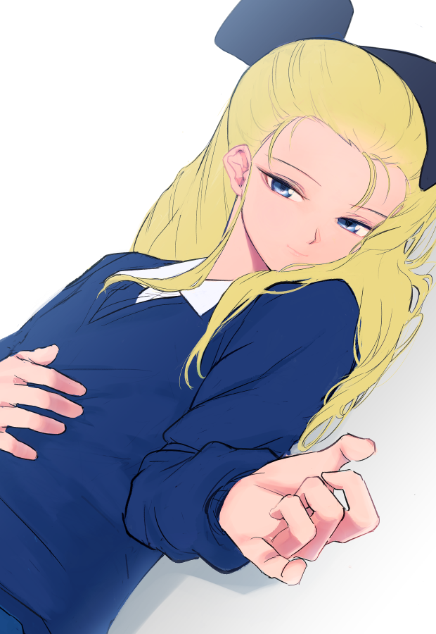 1girl assam black_ribbon blonde_hair blue_eyes blue_sweater closed_mouth commentary dress_shirt dutch_angle girls_und_panzer grey_background hair_pulled_back hair_ribbon half-closed_eyes hand_on_own_stomach long_hair long_sleeves looking_at_viewer lying mityubi on_back ribbon school_uniform shirt smile solo st._gloriana's_school_uniform sweater v-neck white_shirt wing_collar