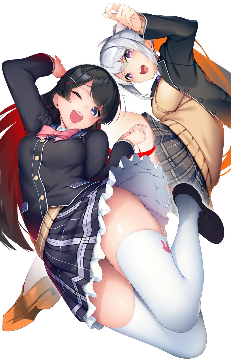 2girls black_hair blue_eyes buttons cardigan commentary_request dutch_angle gradient_hair highres higuchi_kaede jumping long_sleeves looking_at_viewer multicolored_hair multiple_girls neck_ribbon nijisanji one_eye_closed open_mouth orange_hair pink_ribbon plaid plaid_skirt pleated_skirt redhead ribbon ryuji_(ikeriu) school_uniform shoes silver_hair simple_background skirt smile thigh-highs thighs tsukino_mito violet_eyes virtual_youtuber white_background white_legwear