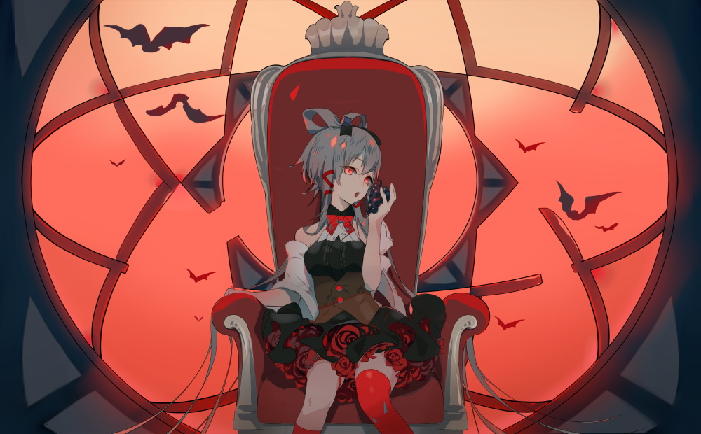1girl armchair bangs bare_shoulders black_ribbon black_shirt black_skirt breasts chair flower food fre fruit glowing glowing_eyes grapes grey_hair hair_ribbon hair_rings hand_up holding holding_food holding_fruit kneehighs long_hair luo_tianyi on_chair open_mouth pleated_skirt red_eyes red_flower red_legwear red_rose ribbon rose shirt single_kneehigh single_thighhigh sitting skirt sleeveless sleeveless_shirt small_breasts solo thigh-highs underbust very_long_hair vocaloid vsinger