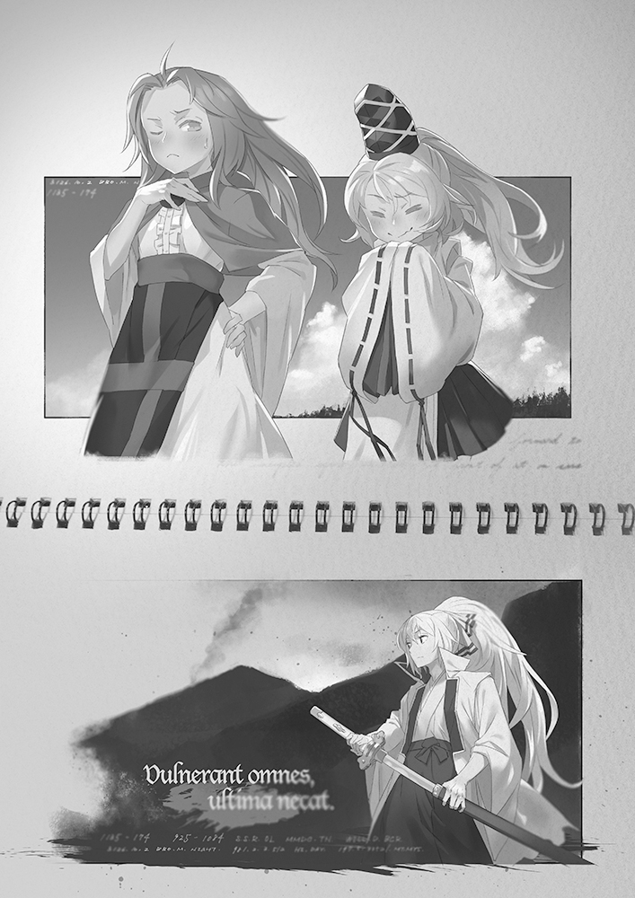 3girls adapted_costume alternate_hairstyle blush bow closed_eyes drawing_sword fujiwara_no_mokou hair_bow hand_on_own_chest hat katana kumoi_ichirin long_hair monochrome mononobe_no_futo multiple_girls one_eye_closed ponytail sheath smile suspenders sword tate_eboshi touhou unsheathing weapon yamamomo_(plank)