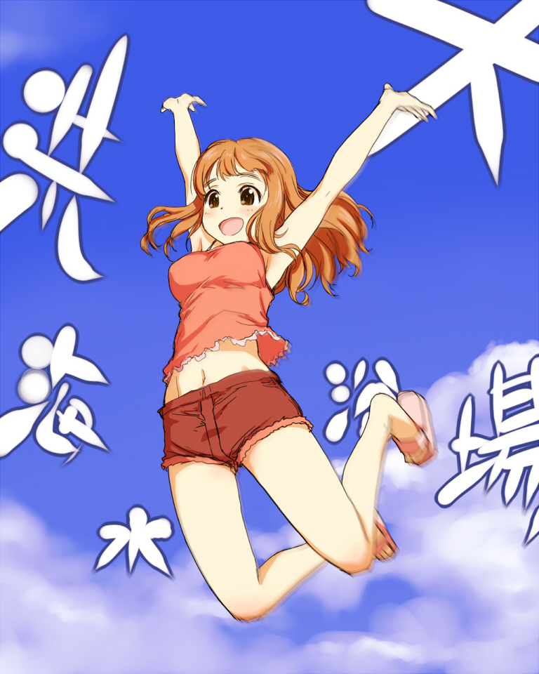 1girl arms_up bangs blue_sky blunt_bangs blurry casual clouds cloudy_sky commentary cutoffs day denim denim_shorts eyebrows_visible_through_hair girls_und_panzer jumping legs_up long_hair midriff navel open_mouth orange_eyes orange_hair outdoors pink_footwear pink_shirt red_shorts sakaki_imasato sandals shirt short_shorts shorts sky smile solo takebe_saori