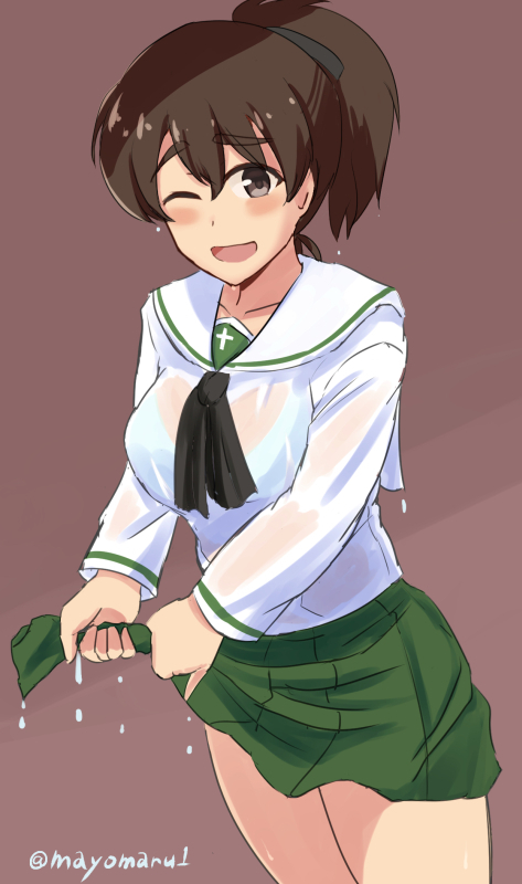 1girl bangs black_neckwear black_ribbon blouse blush brown_background brown_eyes brown_hair commentary cowboy_shot dutch_angle eyebrows_visible_through_hair girls_und_panzer green_skirt hair_ribbon koyama_yuzu long_sleeves looking_at_viewer mayomaru1 miniskirt neckerchief one_eye_closed ooarai_school_uniform open_mouth pleated_skirt ribbon school_uniform see-through serafuku shirt short_hair short_ponytail simple_background sitting skirt smile solo twitter_username wet wet_clothes wet_hair wet_shirt white_blouse wringing_clothes wringing_skirt