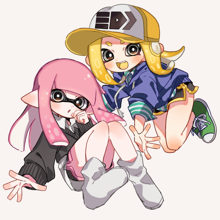 2girls :o bangs baseball_cap black_shorts black_sweater blonde_hair blue_sweater blunt_bangs cross-laced_footwear domino_mask dress_shirt fang floating green_footwear green_shirt grey_background grey_eyes grey_legwear gym_shorts hat inkling light_blush logo long_sleeves looking_at_viewer maco_spl makeup mascara mask multiple_girls octarian pink_hair pointy_ears print_hat shirt shoes shorts simple_background sneakers socks splatoon_(series) splatoon_2 striped striped_shirt suction_cups sweater tentacle_hair v-neck white_shirt yellow_headwear yellow_tongue