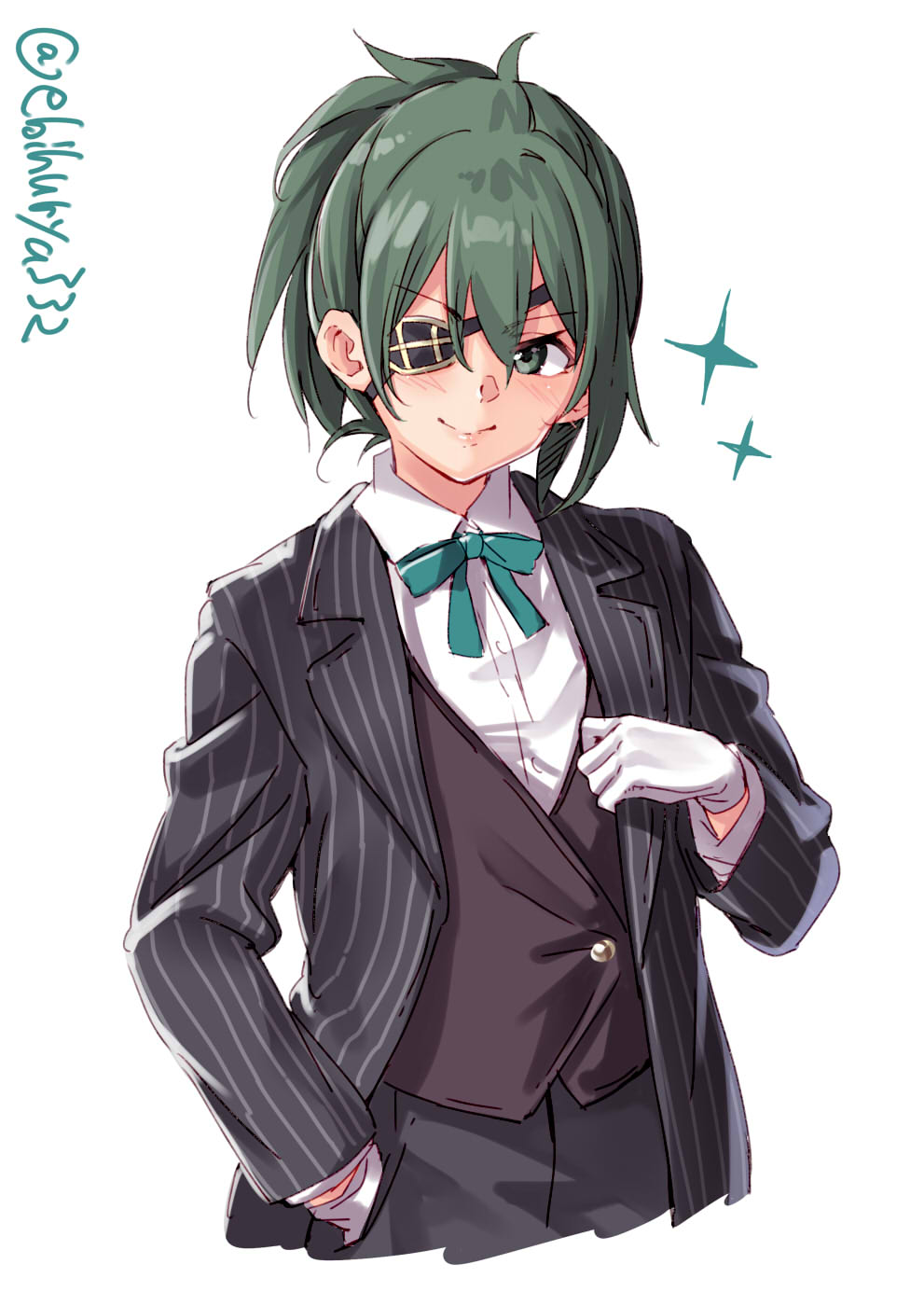 1girl alternate_costume alternate_hairstyle bow butler commentary_request cowboy_shot ebifurya eyepatch formal gloves green_bow green_eyes green_hair hand_in_pocket highres kantai_collection kiso_(kantai_collection) looking_at_viewer short_hair simple_background solo striped_suit suit twitter_username vest white_background white_gloves
