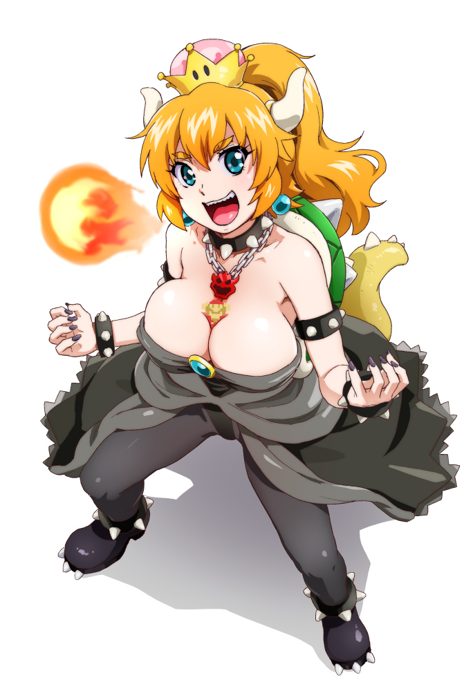 &gt;:p black_collar black_dress black_leotard black_nails blonde_hair blue_earrings bowser bowsette bracelet breathing_fire collar crown dress earrings fingernails fire forked_eyebrows genderswap horns jewelry leotard super_mario_bros. new_super_mario_bros._u_deluxe sakecho sapphire_(gemstone) sharp_fingernails sharp_teeth skirt spiked_armlet spiked_bracelet spiked_collar spiked_shell spiked_tail spiked_thighlet spikes strapless strapless_dress strapless_leotard super_crown super_mario_bros. tail teeth transformation turtle_shell