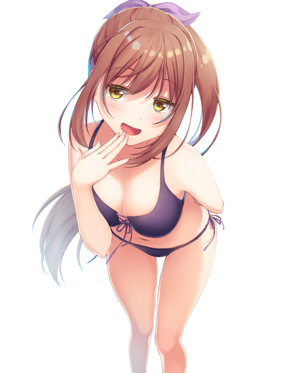 1girl :d backlighting bangs bikini bloom blush bow breasts brown_hair eyebrows_visible_through_hair front-tie_bikini front-tie_top hair_bow hand_on_hip hand_to_own_mouth hand_up highres leaning_forward long_hair looking_at_viewer makatani medium_breasts navel open_mouth original ponytail purple_bikini side-tie_bikini sidelocks simple_background smile solo standing swimsuit very_long_hair yellow_eyes