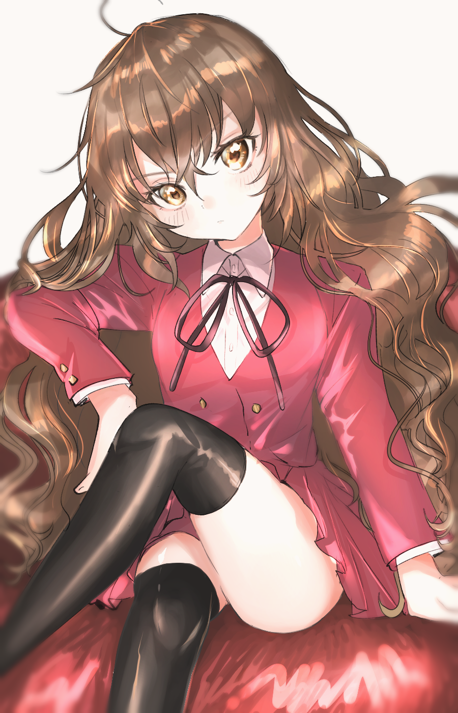 1girl ahoge aisaka_taiga ass bangs black_legwear black_neckwear black_ribbon blazer blush brown_eyes brown_hair commentary_request feet_out_of_frame grey_background hair_between_eyes head_tilt highres jacket knee_up long_hair long_sleeves looking_at_viewer miniskirt neck_ribbon oohashi_high_school_uniform pleated_skirt red_jacket red_skirt ribbon rosette_(roze-ko) school_uniform shirt simple_background sitting skirt skirt_set solo thigh-highs thighs toradora! very_long_hair wavy_hair white_shirt