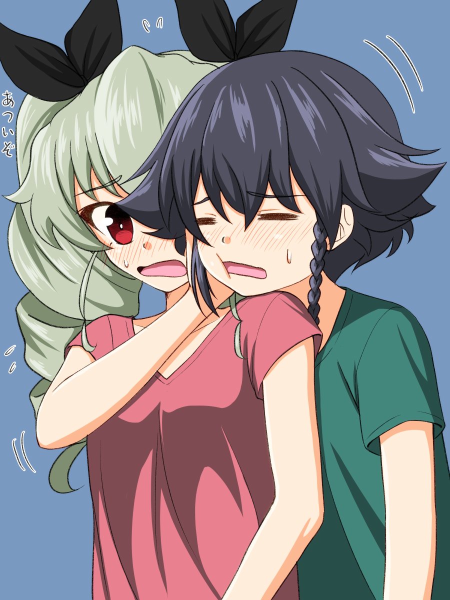 :t anchovy bangs black_hair black_ribbon blue_background blush braid brown_eyes casual closed_eyes commentary drill_hair eyebrows_visible_through_hair flying_sweatdrops frown girls_und_panzer green_hair green_shirt hair_ribbon hand_on_another's_face highres long_hair looking_at_another looking_back motion_lines open_mouth pepperoni_(girls_und_panzer) red_eyes red_shirt ribbon ruka_(piyopiyopu) shirt short_hair short_sleeves side_braid sweat t-shirt translated twin_drills twintails upper_body v-neck wavy_mouth
