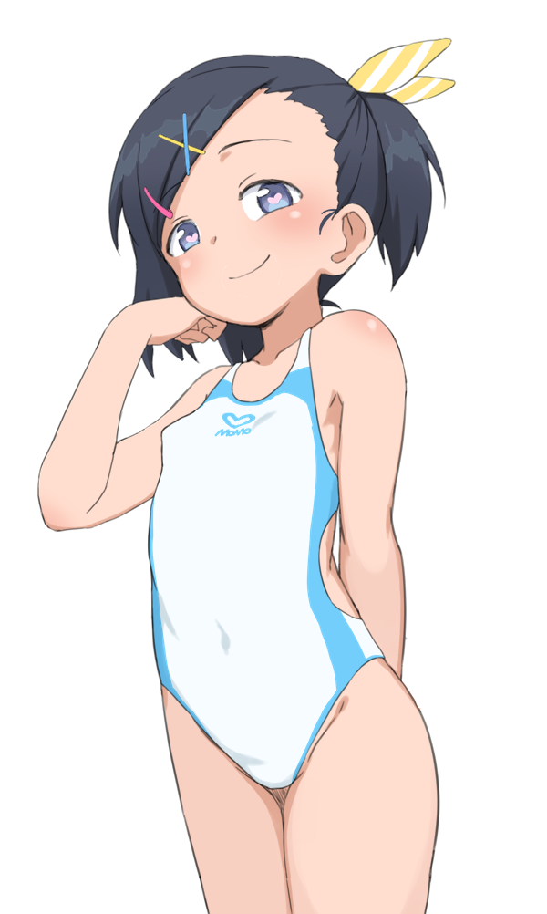 1girl arm_behind_back black_hair blue_eyes bubukka closed_mouth collarbone flat_chest hair_ornament hair_ribbon hairclip heart heart-shaped_pupils looking_at_viewer navel one-piece_swimsuit original ribbon short_hair side_ponytail simple_background smile solo striped striped_ribbon swimsuit symbol-shaped_pupils teeth upper_teeth white_background white_swimsuit x_hair_ornament