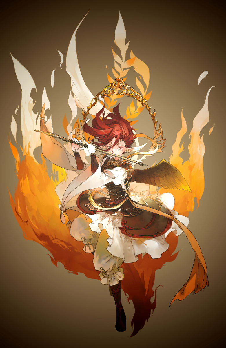 1girl bracer facial_mark final_fantasy final_fantasy_xiv fire flute forehead_mark full_body gradient gradient_background hagoromo highres holding holding_instrument hug_ff14 instrument looking_at_viewer pointy_ears red_eyes redhead shawl short_hair solo suzaku_(ff14)