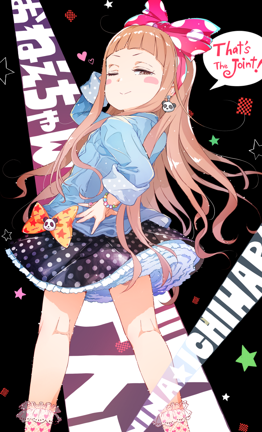 1girl arm_up black_skirt blue_shirt blush_stickers bobby_socks bow bracelet brown_bow brown_eyes brown_hair character_name commentary_request earrings english_text gomennasai hair_bow half-closed_eye hand_on_hip heart highres ichihara_nina idolmaster idolmaster_cinderella_girls jewelry long_hair long_sleeves looking_at_viewer looking_back one_eye_closed polka_dot polka_dot_bow polka_dot_skirt red_bow shirt skirt socks solo speech_bubble standing star very_long_hair