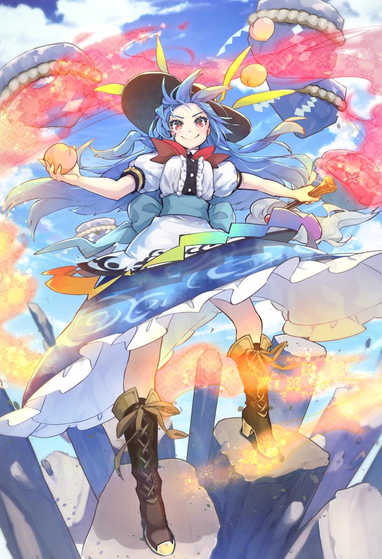 &gt;:) 1girl black_headwear blouse blue_hair blue_skirt blue_sky blush boots bow bowtie brown_footwear clouds commentary_request cross-laced_footwear day flaming_sword food forehead fruit full_body hinanawi_tenshi holding holding_food holding_fruit holding_sword holding_weapon keystone knee_boots lace-up_boots long_hair looking_at_viewer outdoors peach petticoat puffy_short_sleeves puffy_sleeves red_bow red_eyes red_neckwear rope shide shimenawa short_sleeves skirt sky smile solo standing sword sword_of_hisou syuri22 touhou v-shaped_eyebrows weapon white_blouse