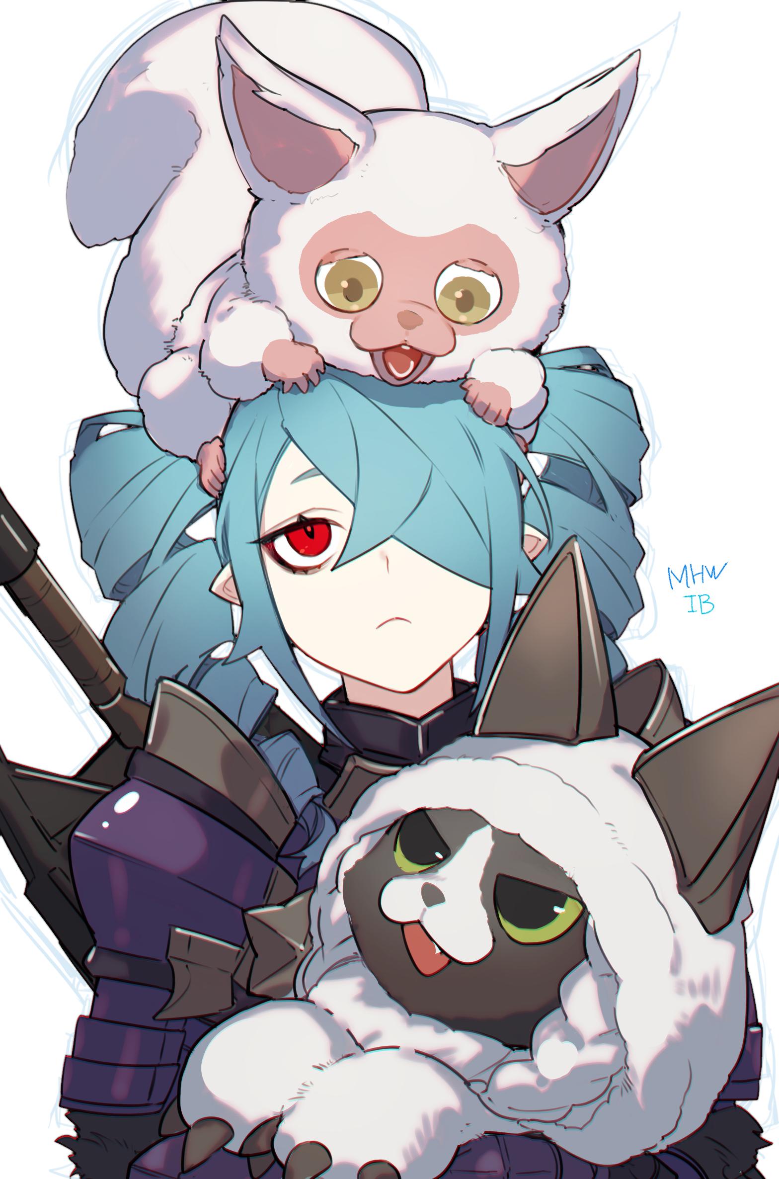 1girl animal animal_on_head aqua_hair armor cat closed_mouth drill_hair eye_black hair_over_one_eye highres holding holding_animal holding_cat loalo looking_down looking_up monster monster_hunter monster_hunter:_world on_head open_mouth original pointy_ears red_eyes twintails weapon weapon_on_back yellow_eyes