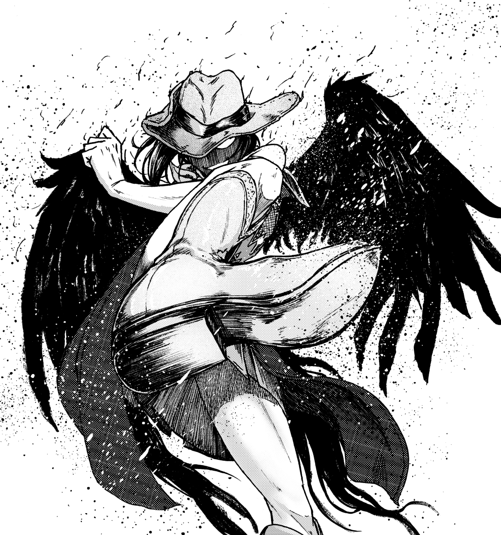1girl bare_arms bird_wings blank_eyes boots clenched_hand commentary_request cowboy_boots cowboy_hat greyscale hand_up hat koyubi_(littlefinger1988) kurokoma_saki leg_up monochrome open_mouth shaded_face skirt smile solo touhou wings