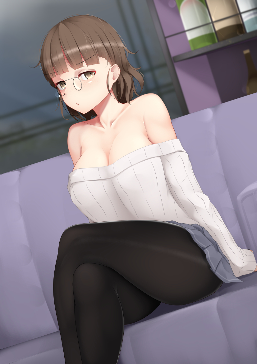 1girl alternate_costume black_legwear blue_skirt blush breasts brown_eyes brown_hair couch eyebrows_visible_through_hair glasses kantai_collection large_breasts long_sleeves ne_an_ito off_shoulder on_couch open_mouth pantyhose pince-nez pleated_skirt roma_(kantai_collection) sitting skirt solo sweater wavy_hair white_sweater